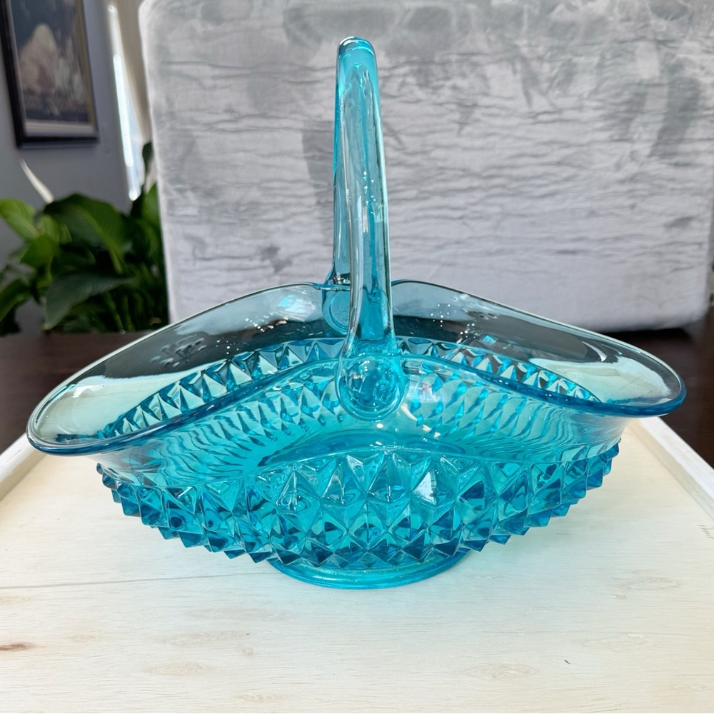 Indiana Glass D.T. Horizon Blue Canterbury Large Basket Diamond Cut Vintage